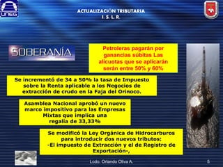 ACTUALIZACIÓN TRIBUTARIA
I. S. L. R.

Petroleras pagarán por
ganancias súbitas Las
alícuotas que se aplicarán
serán entre 50% y 60%
Se incrementó de 34 a 50% la tasa de Impuesto
sobre la Renta aplicable a los Negocios de
extracción de crudo en la Faja del Orinoco.
Asamblea Nacional aprobó un nuevo
marco impositivo para las Empresas
Mixtas que implica una
regalía de 33,33%

Se modificó la Ley Orgánica de Hidrocarburos
para introducir dos nuevos tributos:
-El impuesto de Extracción y el de Registro de
Exportación-,
Lcdo. Orlando Oliva A.

5

 