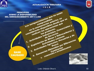 ACTUALIZACIÓN TRIBUTARIA
I. S. L. R.
PRINCIPIOS
SOBRE LA DISPONIBILIDAD
DEL ENRIQUECIMIENTO ART 5 LISR

BASE
CAUSADO

Lcdo. Orlando Oliva A.

50

 