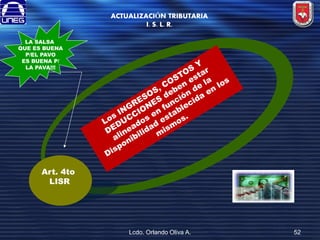 ACTUALIZACIÓN TRIBUTARIA
I. S. L. R.
LA SALSA
QUE ES BUENA
P/EL PAVO
ES BUENA P/
LA PAVA!!!

Art. 4to
LISR

Lcdo. Orlando Oliva A.

52

 