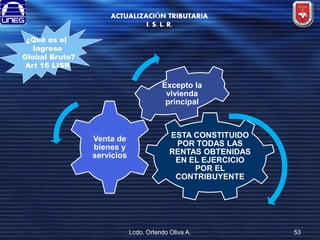 ACTUALIZACIÓN TRIBUTARIA
I. S. L. R.
¿Qué es el
Ingreso
Global Bruto?
Art 16 LISR

Excepto la
vivienda
principal

Venta de
bienes y
servicios

ESTA CONSTITUIDO
POR TODAS LAS
RENTAS OBTENIDAS
EN EL EJERCICIO
POR EL
CONTRIBUYENTE

Lcdo. Orlando Oliva A.

53

 