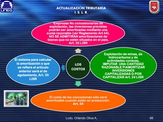 ACTUALIZACIÓN TRIBUTARIA
I. S. L. R.
Empresas No concesionarias de
explotación, las inversiones previstas
podrán ser amortizadas mediante una
cuota razonable (ver Reglamento Art 44).
NO SE ADMITIRÁN amortizaciones de
bienes que no estén situados en el país.
Art. 25 LISR

El sistema para calcular
la amortización a que
se refiere el artículo
anterior será el de
agotamiento, Art. 25
LISR

LOS
COSTOS

Explotación de minas, de
hidrocarburos y de
actividades conexas,
IMPUTAR UNA CANTIDAD
RAZONABLE P/AMORTIZAR
INVERSIONES
CAPITALIZADAS O POR
CAPITALIZAR Art. 24 LISR

El costo de las concesiones sólo será
amortizable cuando estén en producción.
Art. 24

Lcdo. Orlando Oliva A.

66

 