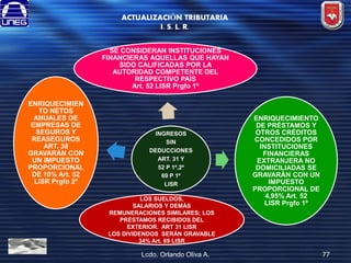 ACTUALIZACIÓN TRIBUTARIA
I. S. L. R.
SE CONSIDERAN INSTITUCIONES
FINANCIERAS AQUELLAS QUE HAYAN
SIDO CALIFICADAS POR LA
AUTORIDAD COMPETENTE DEL
RESPECTIVO PAÍS
Art. 52 LISR Prgfo 1º
ENRIQUECIMIEN
TO NETOS
ANUALES DE
EMPRESAS DE
SEGUROS Y
REASEGUROS
ART. 38
GRAVARÁN CON
UN IMPUESTO
PROPORCIONAL
DE 10% Art. 52
LISR Prgfo 2º

INGRESOS
SIN
DEDUCCIONES
ART. 31 Y
52 P 1º,2º
69 P 1º
LISR
LOS SUELDOS,
SALARIOS Y DEMÁS
REMUNERACIONES SIMILARES; LOS
PRÉSTAMOS RECIBIDOS DEL
EXTERIOR. ART 31 LISR
LOS DIVIDENDOS SERÁN GRAVABLE
34% Art. 69 LISR

Lcdo. Orlando Oliva A.

ENRIQUECIMIENTO
DE PRÉSTAMOS Y
OTROS CRÉDITOS
CONCEDIDOS POR
INSTITUCIONES
FINANCIERAS
EXTRANJERA NO
DOMICILIADAS SE
GRAVARÁN CON UN
IMPUESTO
PROPORCIONAL DE
4,95% Art. 52
LISR Prgfo 1º

77

 