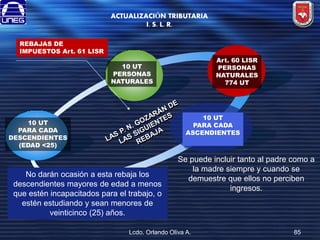 ACTUALIZACIÓN TRIBUTARIA
I. S. L. R.
REBAJAS DE
IMPUESTOS Art. 61 LISR
Art. 60 LISR
PERSONAS
NATURALES
774 UT

10 UT
PERSONAS
NATURALES

10 UT
PARA CADA
ASCENDIENTES

10 UT
PARA CADA
DESCENDIENTES
(EDAD <25)

No darán ocasión a esta rebaja los
descendientes mayores de edad a menos
que estén incapacitados para el trabajo, o
estén estudiando y sean menores de
veinticinco (25) años.

Se puede incluir tanto al padre como a
la madre siempre y cuando se
demuestre que ellos no perciben
ingresos.

Lcdo. Orlando Oliva A.

85

 