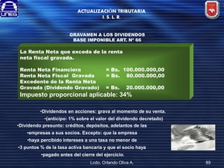 ACTUALIZACIÓN TRIBUTARIA
I. S. L. R.
GRAVAMEN A LOS DIVIDENDOS
BASE IMPONIBLE ART. Nº 66

La Renta Neta que exceda de la renta
neta fiscal gravada.
Renta Neta Financiera
Renta Neta Fiscal Gravada
Excedente de la Renta Neta
Gravada (Dividendo Gravado)

= Bs. 100.000.000,00
= Bs. 80.000.000,00
= Bs.

20.000.000,00

Impuesto proporcional aplicable: 34%
•Dividendos en acciones: grava al momento de su venta.
•(anticipo: 1% sobre el valor del dividendo decretado)
•Dividendo presunto: créditos, depósitos, adelantos de las
•empresas a sus socios. Excepto: que la empresa
•haya percibido intereses a una tasa no menor de
•3 puntos % de la tasa activa bancaria y que el socio haya

•pagado antes del cierre del ejercicio.
Lcdo. Orlando Oliva A.

89

 
