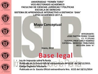 UNIVERSIDAD “FERMÍN TORO”
VICE-RECTORADO ACADÉMICO
FACULTAD DE CIENCIAS JURÍDICAS Y POLÍTICAS
ESCUELA DE DERECHO
SISTEMA DE APRENDIZAJE INTERACTIVO A DISTANCIA “SAIA”
LAPSO ACADÉMICO 2017-A
Mapa Conceptual
INTEGRANTE:
JOSE PASTOR PEREZ TOVAR
C.I. 11.278.643
TUTORA: PROF. EMILY RAMÍREZ
CÁTEDRA: DERECHO TRIBUTARIO
SECCIÓN: SAIA “A”
Enero, 2018
• Ley de Impuesto sobre la Renta
Publicada en la Gaceta Oficial extraordinaria Nº 6210 del 30/12/2015.
• Código Orgánico Tributario
Publicada en la Gaceta Oficial extraordinaria Nro. 6152 del 18/11/2014
 