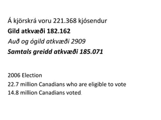 Á kjörskrá voru 221.368 kjósendur  Gild atkvæði   182.162   Auð og ógild atkvæði   2909   Samtals greidd atkvæði   185.071   2006 Election 22.7 million Canadians who are eligible to vote 14.8 million Canadians voted . 