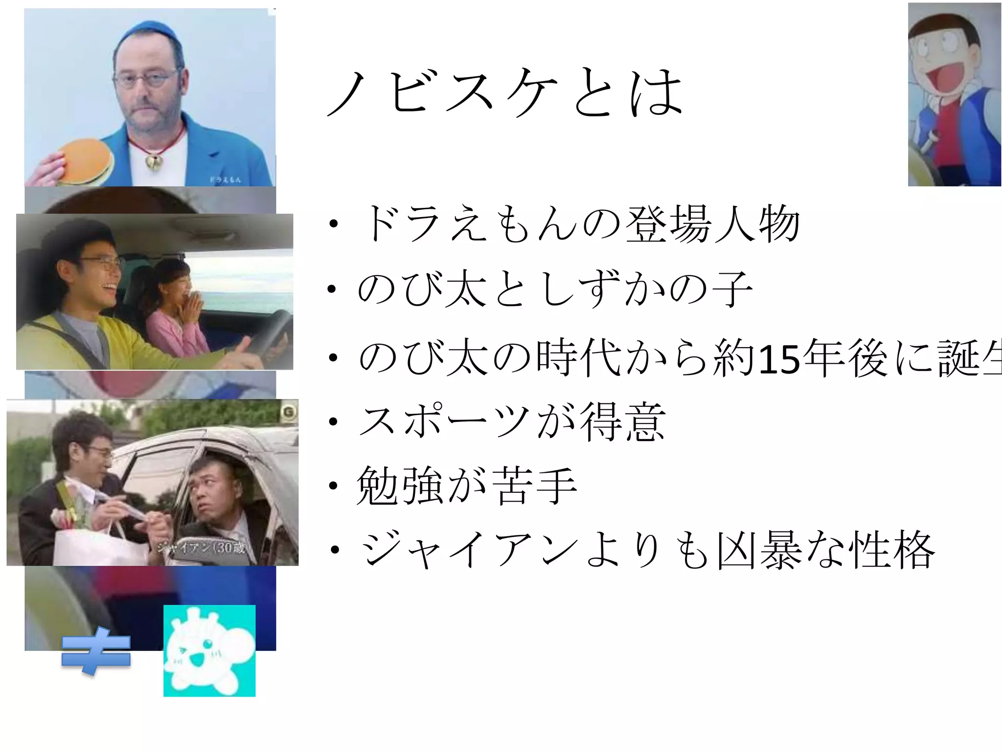 ノビスケとは

・ドラえもんの登場人物
・のび太としずかの子
・のび太の時代から約15年後に誕生
・スポーツが得意
・勉強が苦手
・ジャイアンよりも凶暴な性格
 