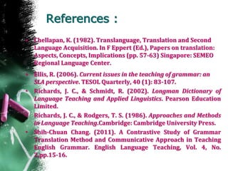 References :
• Chellapan, K. (1982). Translanguage, Translation and Second
Language Acquisition. In F Eppert (Ed.), Papers on translation:
Aspects, Concepts, Implications (pp. 57-63) Singapore: SEMEO
Regional Language Center.
• Ellis, R. (2006). Current issues in the teaching of grammar: an
SLA perspective. TESOL Quarterly, 40 (1): 83-107.
• Richards, J. C., & Schmidt, R. (2002). Longman Dictionary of
Language Teaching and Applied Linguistics. Pearson Education
Limited.
• Richards, J. C., & Rodgers, T. S. (1986). Approaches and Methods
in Language Teaching.Cambridge: Cambridge University Press.
• Shih-Chuan Chang. (2011). A Contrastive Study of Grammar
Translation Method and Communicative Approach in Teaching
English Grammar. English Language Teaching, Vol. 4, No.
2,pp.15-16.
 