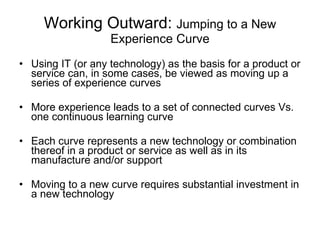 Working Outward:  Jumping to a New Experience Curve Using IT (or any technology) as the basis for a product or service can, in some cases, be viewed as moving up a series of experience curves More experience leads to a set of connected curves Vs. one continuous learning curve Each curve represents a new technology or combination thereof in a product or service as well as in its manufacture and/or support Moving to a new curve requires substantial investment in a new technology 