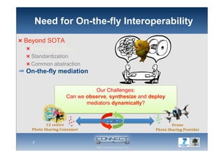 Looking for Babel fish…
Adapt protocol on the fly
using an intermediary system:
the mediator
Our Challenges:
Can we observe, synthesize and deploy
mediators dynamically?
Need for On-the-fly Interoperability
× Beyond SOTA
× Changing systems
× Standardization
× Common abstraction
➠ On-the-fly mediation
7
 