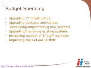 Budget Spending

    •   Upgrading IT infrastructure
    •   Upgrading desktops and laptops
    •    Developing/implementing new systems
    •   Upgrading/improving existing systems
    •   Increasing number of IT staff members
    •   Improving skills of our IT staff




http://www.radiantminds.co.in
 