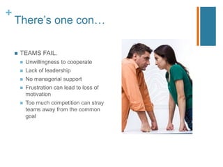 There’s one con…TEAMS FAIL.Unwillingness to cooperateLack of leadershipNo managerial supportFrustration can lead to loss of motivationToo much competition can stray teams away from the common goal