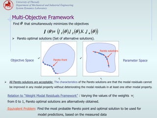 University of Thessaly
         Department of Mechanical and Industrial Engineering
         System Dynamics Laboratory


      Multi-Objective Framework
       Find θ that simultaneously minimizes the objectives

                                  J (θ )= (J 1 (θ ),J 2 (θ ),K ,J n (θ ))
      Ø  Pareto optimal solutions (Set of alternative solutions).


                                                                             Pareto solutions
                             2




                                                               2
                            J




                                                               x
     Objective Space                      Pareto front                                          Parameter Space




                                              J                               x
                                               1                              1

Ø  All Pareto solutions are acceptable: The characteristics of the Pareto solutions are that the modal residuals cannot
    be improved in any modal property without deteriorating the modal residuals in at least one other modal property.


  Relation to “Weight Modal Residuals Framework” : Varying the values of the weights                  wi
  from 0 to 1, Pareto optimal solutions are alternatively obtained.

  Equivalent Problem: Find the most probable Pareto point and optimal solution to be used for
                            model predictions, based on the measured data
 