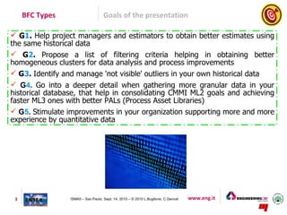BFC Types                      Goals of the presentation

 G1. Help project managers and estimators to obtain better estimates using
the same historical data
 G2. Propose a list of filtering criteria helping in obtaining better
homogeneous clusters for data analysis and process improvements
 G3. Identify and manage 'not visible' outliers in your own historical data
 G4. Go into a deeper detail when gathering more granular data in your
historical database, that help in consolidating CMMI ML2 goals and achieving
faster ML3 ones with better PALs (Process Asset Libraries)
 G5. Stimulate improvements in your organization supporting more and more
experience by quantitative data




 3               ISMA5 – Sao Paulo, Sept. 14, 2010 – © 2010 L.Buglione, C.Gencel   www.eng.it
 