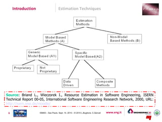 Introduction                      Estimation Techniques




Source: Briand L., Wieczorek I., Resource Estimation in Software Engineering, ISERN
Technical Report 00-05, International Software Engineering Research Network, 2000, URL:
http://isern.iese.de/moodle/

 6                  ISMA5 – Sao Paulo, Sept. 14, 2010 – © 2010 L.Buglione, C.Gencel   www.eng.it
 