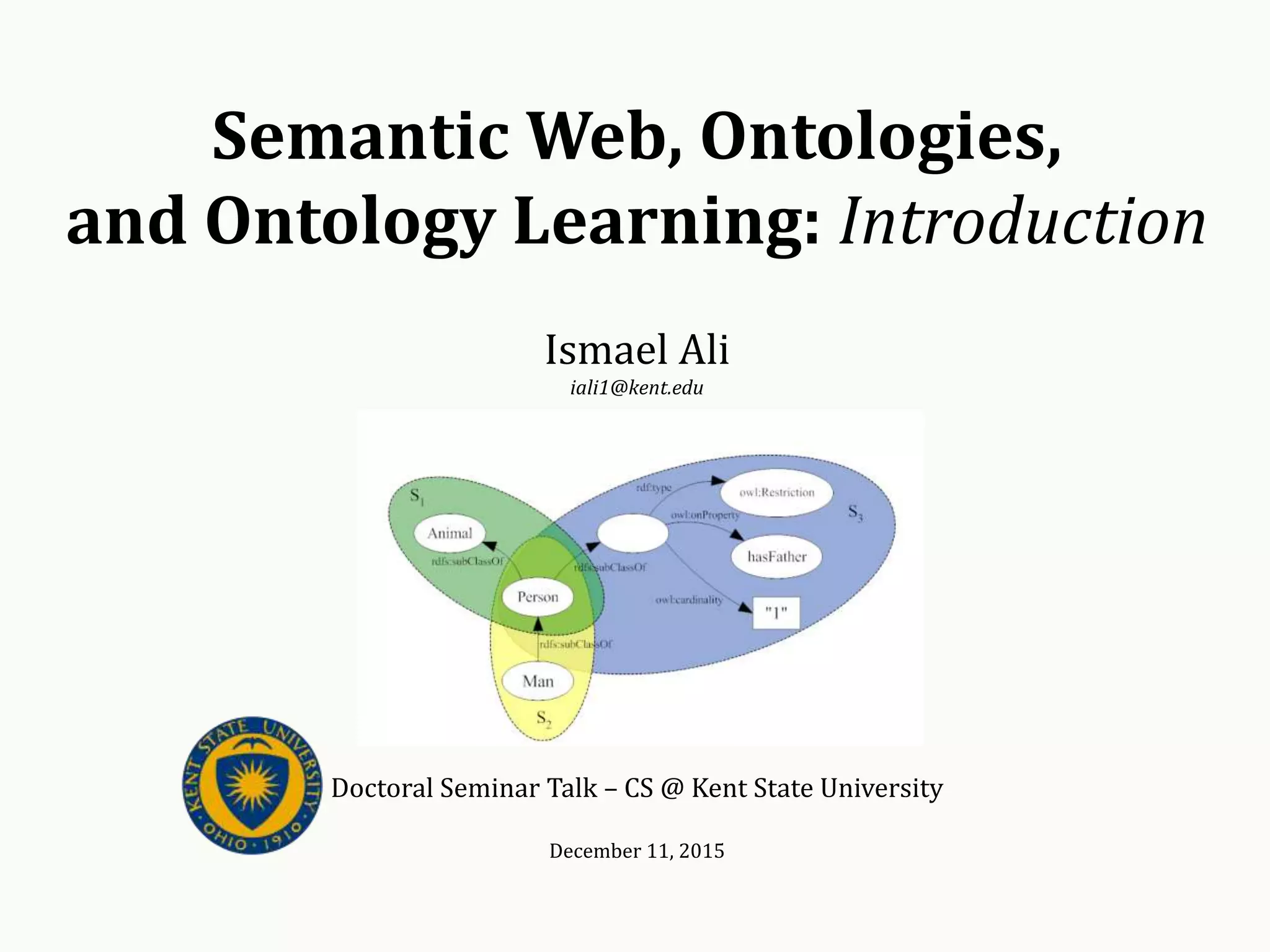 Semantic Web, Ontologies,
and Ontology Learning: Introduction
Ismael Ali
iali1@kent.edu
Doctoral Seminar Talk – CS @ Kent State University
December 11, 2015
 