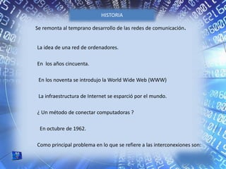 Se remonta al temprano desarrollo de las redes de comunicación.
La idea de una red de ordenadores.
En los años cincuenta.
...
