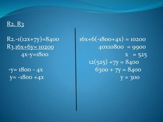 R2. R3
R2.-1(12x+7y)=8400
R3.16x+6y= 10200
4x-y=1800
-y= 1800 - 4x
y= -1800 +4x
16x+6(-1800+4x) = 10200
40x10800 = 9900
x = 525
12(525) +7y = 8400
6300 + 7y = 8400
y = 300
 