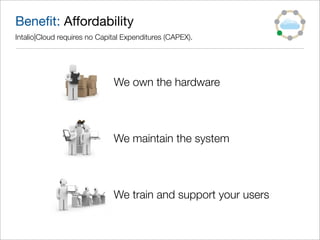 Beneﬁt: Affordability
Intalio|Cloud requires no Capital Expenditures (CAPEX).




                              We own the hardware




                              We maintain the system




                              We train and support your users
 
