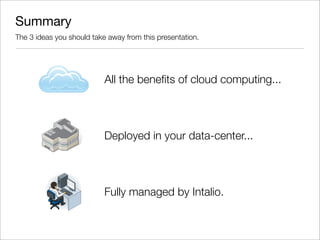 Summary
The 3 ideas you should take away from this presentation.




                           All the beneﬁts of cloud computing...




                           Deployed in your data-center...




                           Fully managed by Intalio.
 