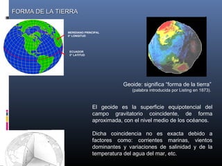 MERIDIANO PRINCIPAL
0° LONGITUD
ECUADOR
0° LATITUD
FORMA DE LA TIERRAFORMA DE LA TIERRA
Geoide: significa “forma de la tierra”
(palabra introducida por Listing en 1873).
El geoide es la superficie equipotencial del
campo gravitatorio coincidente, de forma
aproximada, con el nivel medio de los océanos.
Dicha coincidencia no es exacta debido a
factores como: corrientes marinas, vientos
dominantes y variaciones de salinidad y de la
temperatura del agua del mar, etc.
 