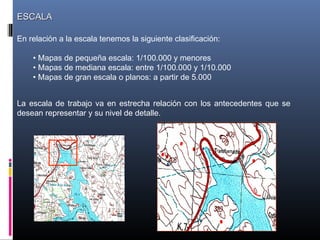 ESCALAESCALA
En relación a la escala tenemos la siguiente clasificación:
• Mapas de pequeña escala: 1/100.000 y menores
• Mapas de mediana escala: entre 1/100.000 y 1/10.000
• Mapas de gran escala o planos: a partir de 5.000
La escala de trabajo va en estrecha relación con los antecedentes que se
desean representar y su nivel de detalle.
 