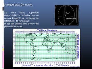LA PROYECCIÓN U.T.M.LA PROYECCIÓN U.T.M.
Se toma como superficie
desarrollable un cilindro que se
coloca tangente al elipsoide de
referencia, de forma que
el eje del cilindro está dentro del
plano del ecuador.
 