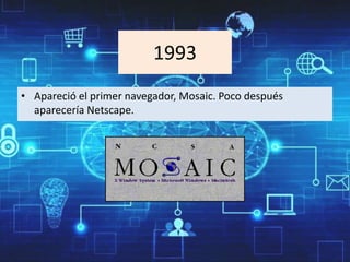 1993
• Apareció el primer navegador, Mosaic. Poco después
aparecería Netscape.
 