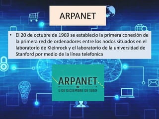 ARPANET
• El 20 de octubre de 1969 se establecio la primera conexión de
la primera red de ordenadores entre los nodos situados en el
laboratorio de Kleinrock y el laboratorio de la universidad de
Stanford por medio de la línea telefonica
 