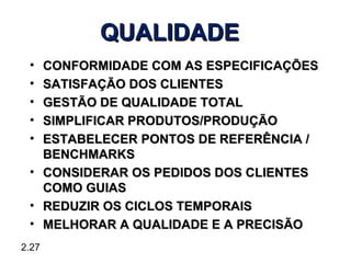 QUALIDADE
 • CONFORMIDADE COM AS ESPECIFICAÇÕES
 • SATISFAÇÃO DOS CLIENTES
 • GESTÃO DE QUALIDADE TOTAL
 • SIMPLIFICAR PRODUTOS/PRODUÇÃO
 • ESTABELECER PONTOS DE REFERÊNCIA /
   BENCHMARKS
 • CONSIDERAR OS PEDIDOS DOS CLIENTES
   COMO GUIAS
 • REDUZIR OS CICLOS TEMPORAIS
 • MELHORAR A QUALIDADE E A PRECISÃO
2.27
 