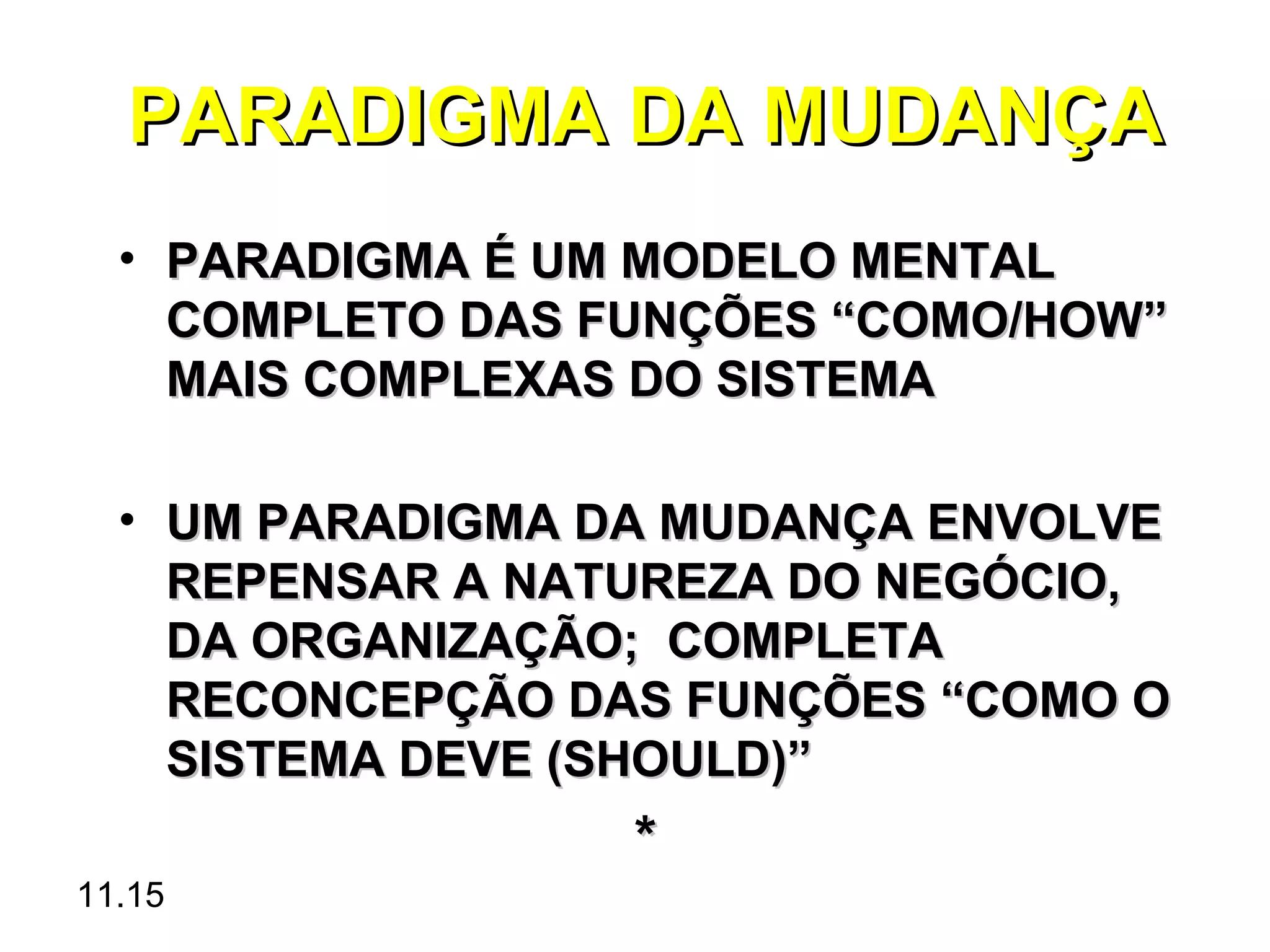 PARADIGMA DA MUDANÇA
  • PARADIGMA É UM MODELO MENTAL
    COMPLETO DAS FUNÇÕES “COMO/HOW”
    MAIS COMPLEXAS DO SISTEMA

  • UM PARADIGMA DA MUDANÇA ENVOLVE
    REPENSAR A NATUREZA DO NEGÓCIO,
    DA ORGANIZAÇÃO; COMPLETA
    RECONCEPÇÃO DAS FUNÇÕES “COMO O
    SISTEMA DEVE (SHOULD)”
                  *
11.15
 