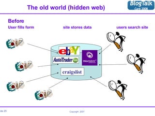 The old world (hidden web) Before User fills form    site stores data users search site craigslist 
