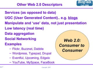 Other Web 2.0 Descriptors <ul><li>Services (as opposed to data) </li></ul><ul><li>UGC (User Generated Content).. e.g.  blo...