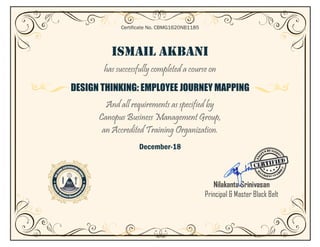 ISMAIL AKBANI
has successfully completed a course on
DESIGN THINKING: EMPLOYEE JOURNEY MAPPING
And all requirements as specified by
Canopus Business Management Group,
an Accredited Training Organization.
December-18
Certificate No. CBMG1620NB1185
Nilakanta Srinivasan
Principal & Master Black Belt
 