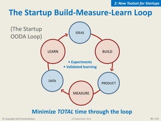 49 / 113
The Startup Build-Measure-Learn Loop
LEARN BUILD
MEASURE
IDEAS
PRODUCT
Minimize TOTAL time through the loop
DATA
...