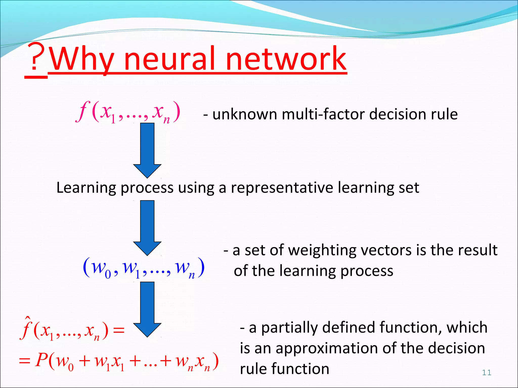 1( ,..., )nf x x
0 1( , ,..., )nw w w
- unknown multi-factor decision rule
Learning process using a representative learning set
- a set of weighting vectors is the result
of the learning process
1
0 1 1
ˆ( ,..., )
( ... )
n
n n
f x x
P w w x w x
=
= + + +
- a partially defined function, which
is an approximation of the decision
rule function 11
Why neural network?
 