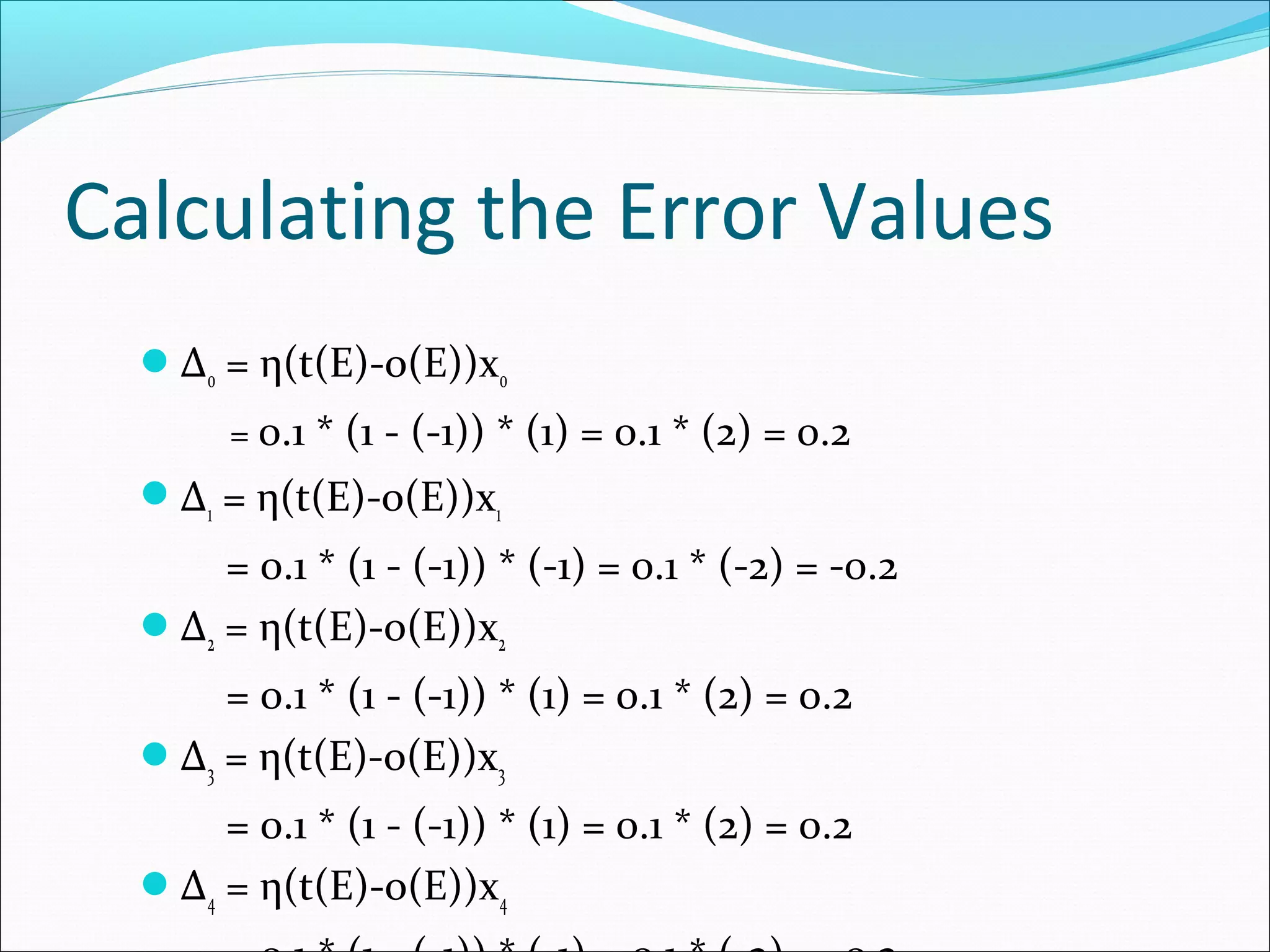 Calculating the Error Values
Δ0 = η(t(E)-o(E))x0
= 0.1 * (1 - (-1)) * (1) = 0.1 * (2) = 0.2
Δ1 = η(t(E)-o(E))x1
= 0.1 * (1 - (-1)) * (-1) = 0.1 * (-2) = -0.2
Δ2 = η(t(E)-o(E))x2
= 0.1 * (1 - (-1)) * (1) = 0.1 * (2) = 0.2
Δ3 = η(t(E)-o(E))x3
= 0.1 * (1 - (-1)) * (1) = 0.1 * (2) = 0.2
Δ4 = η(t(E)-o(E))x4
 