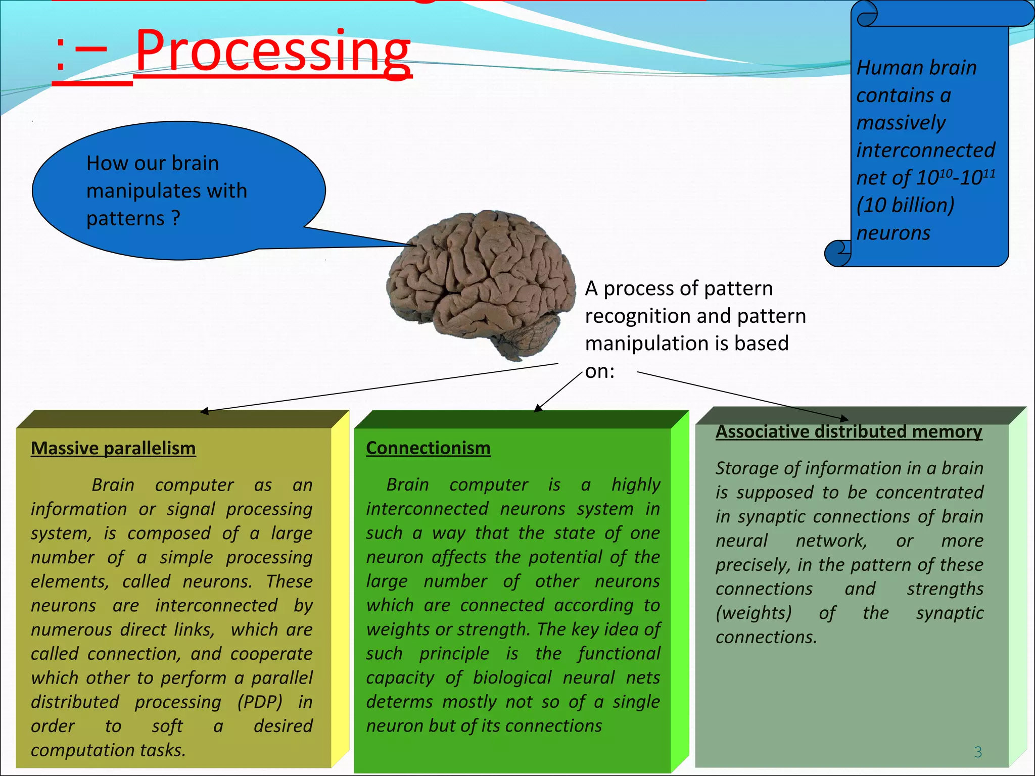 Massive parallelism
Brain computer as an
information or signal processing
system, is composed of a large
number of a simple processing
elements, called neurons. These
neurons are interconnected by
numerous direct links, which are
called connection, and cooperate
which other to perform a parallel
distributed processing (PDP) in
order to soft a desired
computation tasks.
Connectionism
Brain computer is a highly
interconnected neurons system in
such a way that the state of one
neuron affects the potential of the
large number of other neurons
which are connected according to
weights or strength. The key idea of
such principle is the functional
capacity of biological neural nets
determs mostly not so of a single
neuron but of its connections
Associative distributed memory
Storage of information in a brain
is supposed to be concentrated
in synaptic connections of brain
neural network, or more
precisely, in the pattern of these
connections and strengths
(weights) of the synaptic
connections.
A process of pattern
recognition and pattern
manipulation is based
on:
How our brain
manipulates with
patterns ?
Processing:-
3
Human brain
contains a
massively
interconnected
net of 1010
-1011
(10 billion)
neurons
 