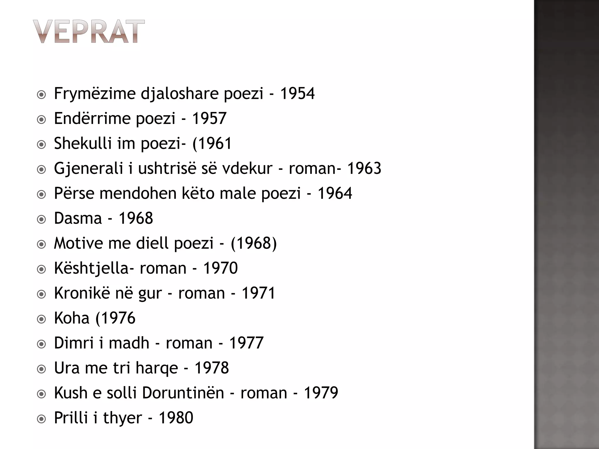 















Frymëzime djaloshare poezi - 1954
Endërrime poezi - 1957
Shekulli im poezi- (1961
Gjenerali i ushtrisë së vdekur - roman- 1963
Përse mendohen këto male poezi - 1964
Dasma - 1968
Motive me diell poezi - (1968)
Kështjella- roman - 1970
Kronikë në gur - roman - 1971
Koha (1976
Dimri i madh - roman - 1977
Ura me tri harqe - 1978
Kush e solli Doruntinën - roman - 1979
Prilli i thyer - 1980

 