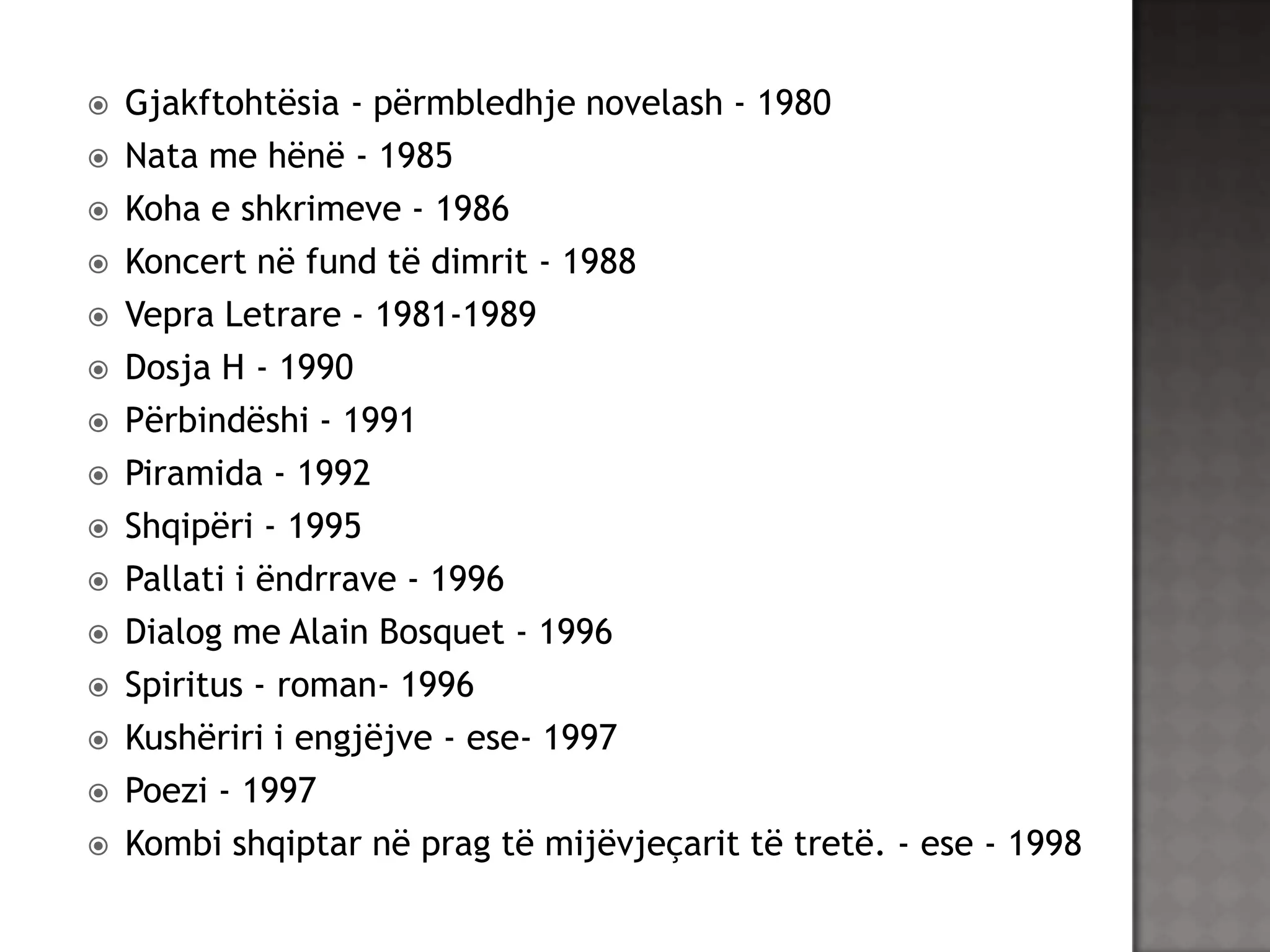 















Gjakftohtësia - përmbledhje novelash - 1980
Nata me hënë - 1985
Koha e shkrimeve - 1986
Koncert në fund të dimrit - 1988
Vepra Letrare - 1981-1989
Dosja H - 1990
Përbindëshi - 1991
Piramida - 1992
Shqipëri - 1995
Pallati i ëndrrave - 1996
Dialog me Alain Bosquet - 1996
Spiritus - roman- 1996
Kushëriri i engjëjve - ese- 1997
Poezi - 1997
Kombi shqiptar në prag të mijëvjeçarit të tretë. - ese - 1998

 