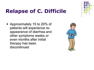 Relapse of C. Difficile
 Approximately 15 to 20% of
patients will experience re-
appearance of diarrhea and
other symptoms weeks or
even months after initial
therapy has been
discontinued
 