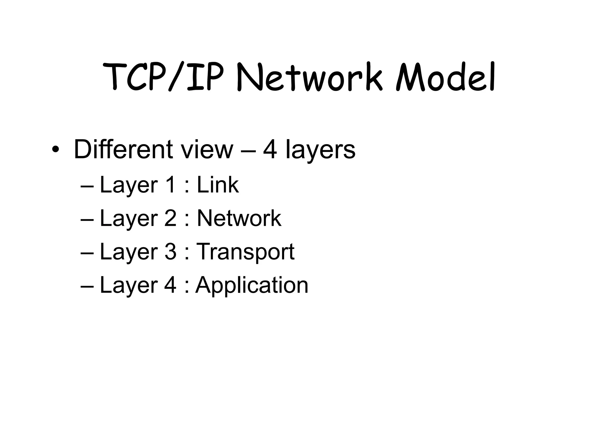 TCP/IP Network Model
• Different view – 4 layers
– Layer 1 : Link
– Layer 2 : Network
– Layer 3 : Transport
– Layer 4 : Application
 