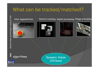 Machine Vision and Perception MVP Group @ TUM 
What can be tracked/matched? 
Color segmentation Pattern tracking Depth processing Image processing 
Dynamic Vision 
(XVision) 
algorithms 
 