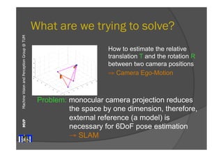 Machine Vision and Perception MVP Group @ TUM 
What are we trying to solve? 
How to estimate the relative 
translation T and the rotation R 
between two camera positions 
⇒ Camera Ego-Motion 
Problem: monocular camera projection reduces 
the space by one dimension, therefore, 
external reference (a model) is 
necessary for 6DoF pose estimation 
→ SLAM 
 