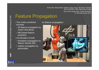 Machine Vision and Perception MVP Group @ TUM 
Strobl, Mair, Bodenmüller, Kielhofer, Sepp, Suppa, Burschka, Hirzinger 
Feature Propagation 
ž Two motion prediction 
concepts 
— 2D feature propagation by 
motion derivatives 
— IMU-based feature 
prediction 
ž Combination of both: 
— translation propagation by 
feature velocity (2D) 
— rotation propagation by 
gyroscopes 
no feature propagation 
IROS, IEEE/RSJ, 2009, Best Paper Finalist 
Mair, Strobl, Bodenmüller, Suppa, Burschka 
KI, Springer Journal, 2010 
 