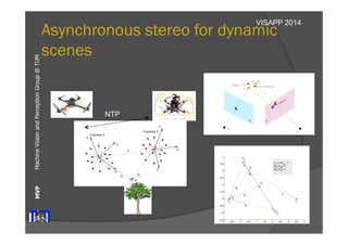 Machine Vision and Perception MVP Group @ TUM 
3 
5 VISAPP Asynchronous stereo for dynamic 
scenes 
4 DariusBurschka 
NTP 
Fig. 2. Collaborative 3D reconstruction from 2 independently moving cameras. 
directional system with a large field of view. 
We decided to use omnidirectional systems in-stead 
of fish-lens cameras, because their single view-point 
property [2] is essential for our combined 
localization and reconstruction approach (Fig. 3). 
This property allows an easy recovery of the viewing 
angle of the virtual camera with the focal point F 
(Fig. 3) directly from the image coordinates (ui, νi). 
Figure 2: Here: C0 and C1 are the camera centers of the 
stereo pair, P0,P1,P2 are the 3D poses of the point at times 
t0,t1,t2. Latter correspond to frame acquisition timestamps 
of camera C0. P⇤ is the 3D pose of the point at time t⇤, 
which correspond to the frame acquisition timestamp of the 
camera C1. Vectors v0,v1,v2, are unit vectors pointing from 
Since the angle vector v3 and −v0 ˆn is p2 
. We can compute equation: 
2 
4 −v0x −v0y v2x v2y nx ny 3.2 Path Reconstruction 
In the second stage the 3D pose P0. For represent the poses (2 as: 
Pi = 
2 
4 
ai ⇤zi 
bi ⇤zi 
zi 
2014 
 