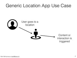 Generic Location App Use Case 
User goes to a 
location 
Content or 
interaction is 
triggered 
Mark Melnykowycz mark@idez...