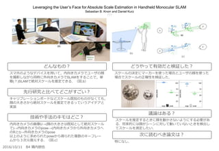 Leveraging the User’s Face for Absolute Scale Estimation in Handheld Monocular SLAM
Sebastian B. Knorr and Daniel Kurz
???
スケールの決定にマーカーを使った場合とユーザの顔を使った
場合でスケールの正確性を検証した．
スケールを推定するときに顔を動かさないようにする必要があ
る．将来的には顔がシーンに対して動いていないときを検出し
てスケールを測定したい．
特になし．
スマホのようなデバイスを用いて，内向きカメラでユーザの顔
を撮影しながら同時に外向きカメラでSLAMをすることで，単
眼(？)SLAMで絶対スケールを推定できる．（図.b）
キャリブレーションボードなどスケール既知のものがなくても，
顔の大きさから絶対スケールを推定できるっていうアイデアと
実装
内向きカメラの画像U→(顔の大きさは既知として絶対スケール
で)→内向きカメラのpose→(内向きカメラから外向きカメラへ
のRとt)→外向きカメラのpose
以上のように求められたposeから得られた複数のキーフレー
ムから３次元復元する．（図.c）
どんなもの？
先行研究と比べてどこがすごい？
技術や手法のキモはどこ？
どうやって有効だと検証した？
議論はある？
次に読むべき論文は？
2016/10/11 B4 鶏内朋也
(a)
(b)
(c)
 