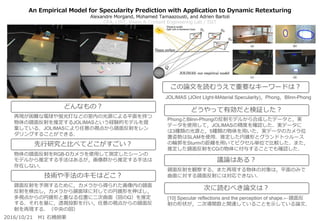 An Empirical Model for Specularity Prediction with Application to Dynamic Retexturing
Alexandre Morgand, Mohamed Tamaazousti, and Adrien Bartoli
CEA, LIST, Vision & Content Engineering Lab / ISIT
PhongとBlinn-Phongの反射モデルから合成したデータと，実
データを使用して，JOLIMASの精度を確認した．実データに
は3種類の光源と，5種類の物体を用いた．実データのカメラ位
置姿勢はSLAMを使用．推定した円錐形とグランドトゥルース
の輪郭をSturmの距離を用いてピクセル単位で比較した．また，
推定した鏡面反射をCGの物体に付与することでも確認した．
鏡面反射を観察する，また再現する物体の対象は，平面のみで
曲面に対する鏡面反射には対応できない．
[10] Specular reflections and the perception of shape.←鏡面反
射の形状が，二次導関数と関連していることを示している論文．
再現が困難な電球や蛍光灯などの室内の光源による平面を持つ
物体の鏡面反射を推定するJOLIMASという経験的モデルを提
案している．JOLIMASにより任意の視点から鏡面反射をレン
ダリングすることができる．
物体の鏡面反射をRGB-Dカメラを使用して測定したシーンの
モデルから推定する手法はあるが，画像群から推定する手法は
存在しない．
鏡面反射を予測するために，カメラから得られた画像内の鏡面
反射を検出し，カメラから鏡面球に対しての円錐形を伸ばし，
多視点からの円錐形と重なる位置に二次曲面（図のQ）を推定
する．それを基に，透視投影を行い，任意の視点からの鏡面反
射を再現する．（中央の図）
先行研究と比べてどこがすごい？
技術や手法のキモはどこ？
どうやって有効だと検証した？
議論はある？
次に読むべき論文は？
どんなもの？
2016/10/21 M1 石橋朋果
JOLIMAS (JOint LIght-MAterial Specularity)，Phong，Blinn-Phong
この論文を読むうえで重要なキーワードは？
 