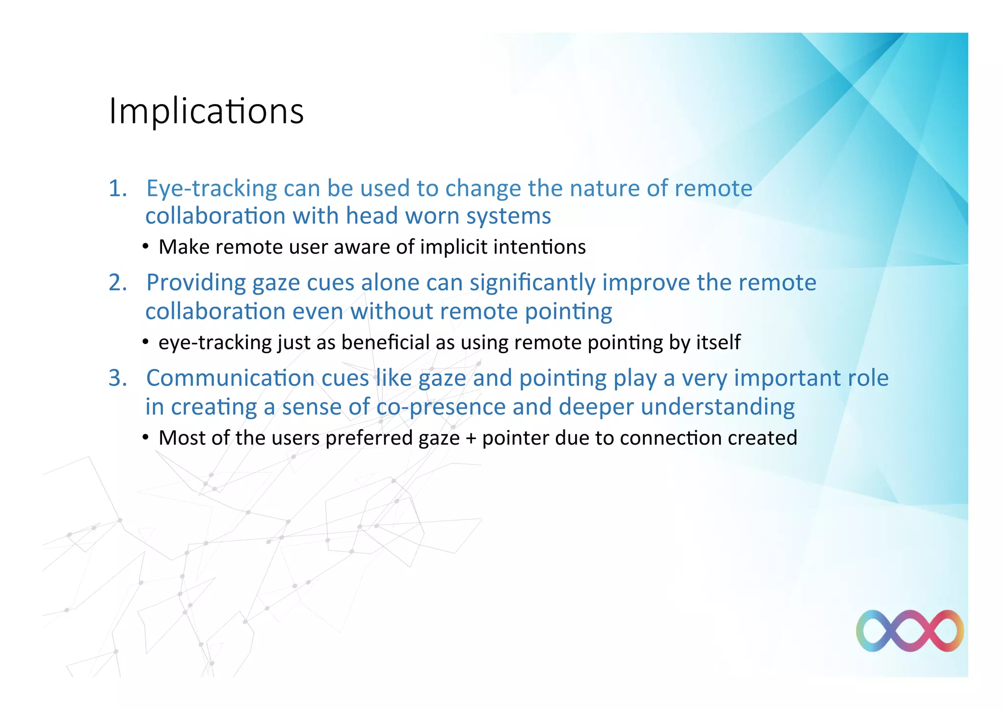 Implica#ons 
1.  Eye-tracking	can	be	used	to	change	the	nature	of	remote	
collaboraIon	with	head	worn	systems	
•  Make	remote	user	aware	of	implicit	intenIons	
2.  Providing	gaze	cues	alone	can	signiﬁcantly	improve	the	remote	
collaboraIon	even	without	remote	poinIng	
•  eye-tracking	just	as	beneﬁcial	as	using	remote	poinIng	by	itself	
3.  CommunicaIon	cues	like	gaze	and	poinIng	play	a	very	important	role	
in	creaIng	a	sense	of	co-presence	and	deeper	understanding	
•  Most	of	the	users	preferred	gaze	+	pointer	due	to	connecIon	created	
 